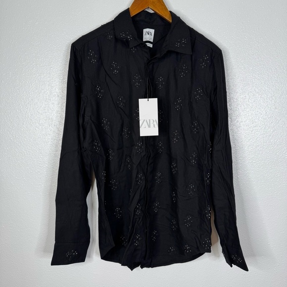 Zara Black Long Sleeve Relaxed Fit Beaded Button Down Top Size Large - Picture 1 of 6